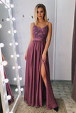 A Line Spaghetti Straps V Neck Purple Lace Side Slit Prom Dresses Dresses Rjerdress