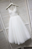 A Line Spaghetti Straps White Lace up Tulle V Neck Short Prom Dress Homecoming Dress H1028 Rjerdress