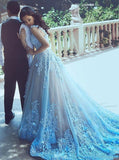 A-Line Square Chapel Train Sleeveless Blue Tulle Wedding Dress with Appliques Sash Rjerdress
