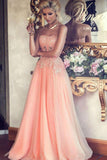A-Line Strapless Lace Appliqued Floor-length Blush Pink Beaded Tulle Prom Dresses RJS313