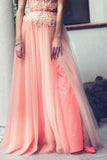 A-Line Strapless Lace Appliqued Floor-length Blush Pink Beaded Tulle Prom Dresses RJS313 Rjerdress
