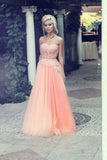 A-Line Strapless Lace Appliqued Floor-length Blush Pink Beaded Tulle Prom Dresses RJS313 Rjerdress