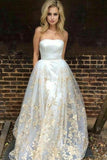 A-Line Strapless Lace Appliques Ivory Tulle Prom Dresses with Appliques Pockets RJS819