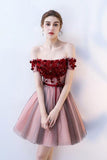 A Line Strapless Off the Shoulder Red Flowers Short Tulle Lace up Homecoming Dresses RJS876