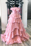 A Line Strapless Princess Tulle Layers Ruffles Long Prom Dress Rjerdress