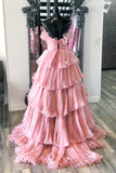 A Line Strapless Princess Tulle Layers Ruffles Long Prom Dress Rjerdress