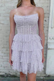 A Line Strapless Short/Mini Tulle Tiered Homecoming  Dresses With Ruffles Rjerdress