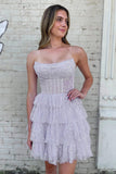 A Line Strapless Short/Mini Tulle Tiered Homecoming  Dresses With Ruffles