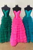 A-Line Strapless Tiered Tulle Satin Long Prom Dress Rjerdress