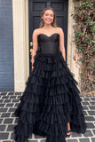 A-Line Strapless Tiered Tulle Satin Long Prom Dress