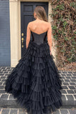 A-Line Strapless Tiered Tulle Satin Long Prom Dress Rjerdress