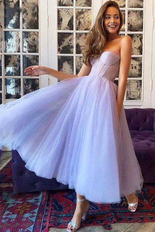 A Line Strapless Tulle Above Length Homecoming Dresses Rjerdress