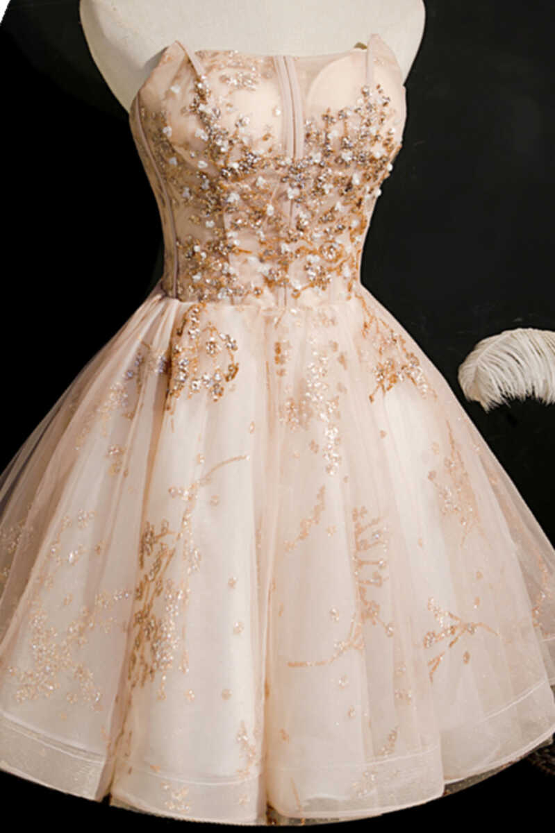 A Line Strapless Tulle Short Homecoming Dresses With Beaded Rjerdress