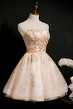 A Line Strapless Tulle Short Homecoming Dresses With Beaded