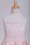 A Line Strapless With Applique Tulle Floor Length Flower Girl Dresses Rjerdress