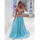 A Line Straps Appliqued Prom Dress, Cheap Sweep Train Tulle Evening Dresses Rjerdress