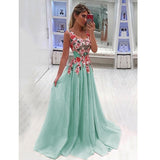 A Line Straps Appliqued Prom Dress, Cheap Sweep Train Tulle Evening Dresses Rjerdress