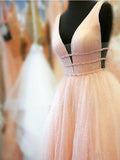 A Line Straps Deep V Neck Ball Gown Prom Dresses, Open Back Evening Dresses Rjerdress