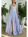 A Line Straps Prom Dresses Open Back Satin With Slit