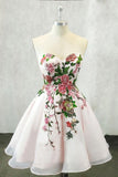 A Line Straps Sweetheart Pink Homecoming Dresses with Floral Print Short CocktailDress