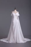 A Line Straps With Beads And Ruffles Bridal Dresses Chiffon Court Train Detachable