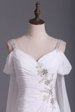 A Line Straps With Beads And Ruffles Bridal Dresses Chiffon Court Train Detachable Rjerdress