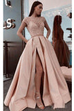A Line Stunning Satin Beads Cap Sleeves Prom Dresses with High Slit Pockets RJS891