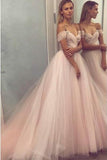 A Line Sweetheart Beaded Off the Shoulder Pink Long Prom Dresses Wedding Dress RJS132