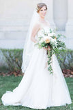 A-Line Sweetheart Court Train Sleeveless White Wedding Dress with Lace BeadingRJS94