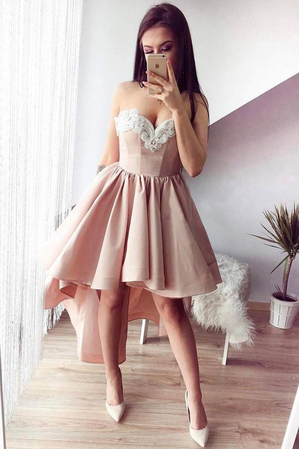 A-Line Sweetheart High Low Pink Stretch Satin Homecoming Dress with Appliques RJS121 Rjerdress