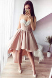 A-Line Sweetheart High Low Pink Stretch Satin Homecoming Dress with Appliques RJS121