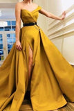 A Line Sweetheart High Slit Satin Ruffles Prom Dresses Long Yellow Evening Dresses RJS370