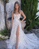 A Line Sweetheart Neck Slit Appliques Flower Embroidery Backless Wedding Dress