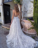 A Line Sweetheart Neck Slit Appliques Flower Embroidery Backless Wedding Dress Rjerdress