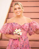 A Line Sweetheart Ruffles Sweep Train Floral Printed Chiffon Prom Dresses RJS571 Rjerdress