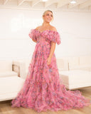 A Line Sweetheart Ruffles Sweep Train Floral Printed Chiffon Prom Dresses RJS571 Rjerdress
