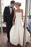 A-Line Sweetheart Strapless Backless Floor-Length Ivory Satin Wedding Dresses with Ruched RrRRRJS276