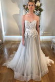 A Line Sweetheart Strapless Backless Silver Grey Tulle Wedding Dresses with Sweep Train RJS230