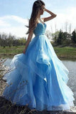 A-Line Sweetheart Strapless Blue Tulle Beads Sleeveless Ruffles Prom Dresses RJS820