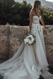 A Line Sweetheart Strapless Lace Rustic Wedding Dresses Long Tulle Beach Wedding Gown With Appliques