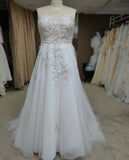 A Line Sweetheart Strapless Lace Rustic Wedding Dresses Long Tulle Beach Wedding Gown With Appliques Rjerdress