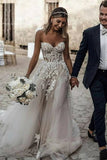 A Line Sweetheart Strapless Lace Rustic Wedding Dresses Long Tulle Beach Wedding Gown With Appliques Rjerdress