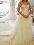 A-Line Sweetheart Strapless Lace Tulle White Sleeveless Wedding Dress with Appliques RJS398 Rjerdress