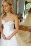 A-Line Sweetheart Strapless Lace Tulle White Sleeveless Wedding Dress with Appliques RJS398