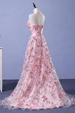A Line Sweetheart Strapless Sweep Train Floral Print Long Prom Dresses With Flowers Rjerdress