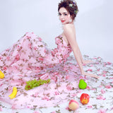 A Line Sweetheart Strapless Sweep Train Floral Print Long Prom Dresses With Flowers Rjerdress