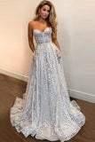 A Line Sweetheart Strapless Sweep Train Lace Pockets Wedding Dress with Sequins RJS15036 Rjerdress
