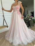 A-Line Sweetheart Tulle Applique Open Back Long with Flowers Prom Dresses RJS494