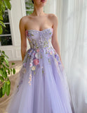 A Line Sweetheart Tulle Long Evening Dresses Prom Dresses With 3D Flower Rjerdress