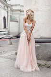 A Line Sweetheart Tulle Pink Prom Dresses with Appliques Beach Wedding Dresses Rjerdress